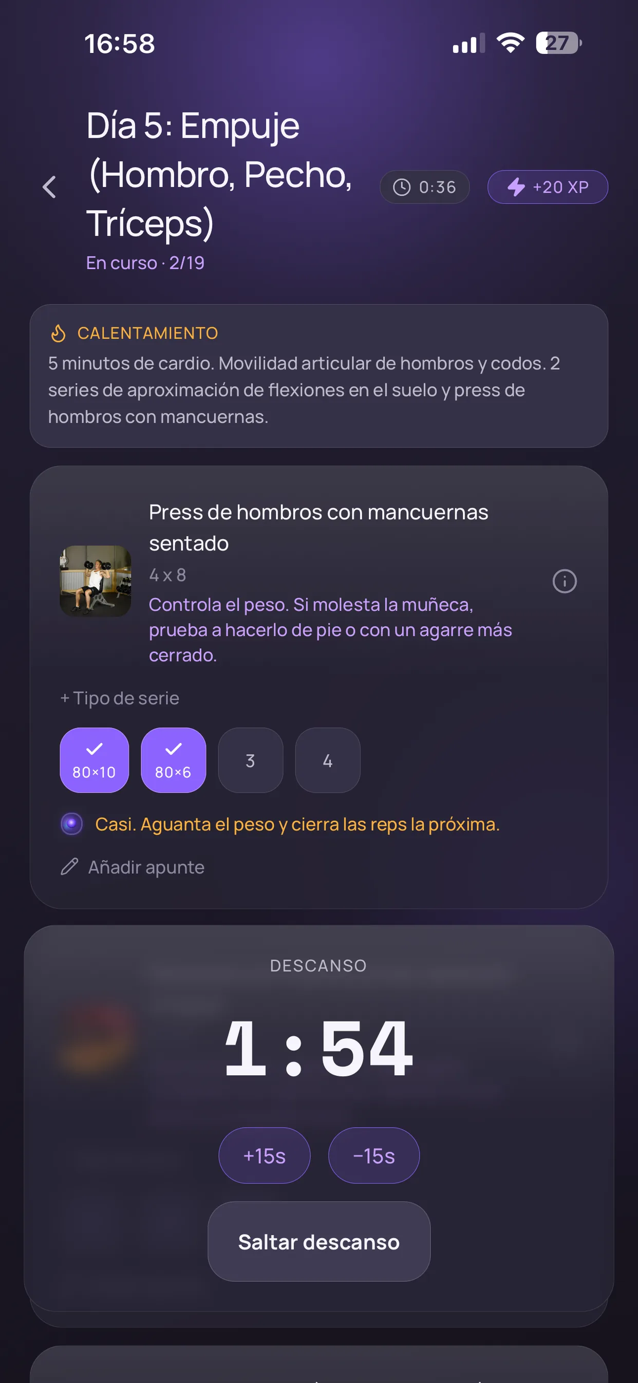 Entreno de hoy en Arise: la IA diseña tu rutina a tu medida teniendo en cuenta tus molestias y dolores, y el Sistema te acompaña cada día